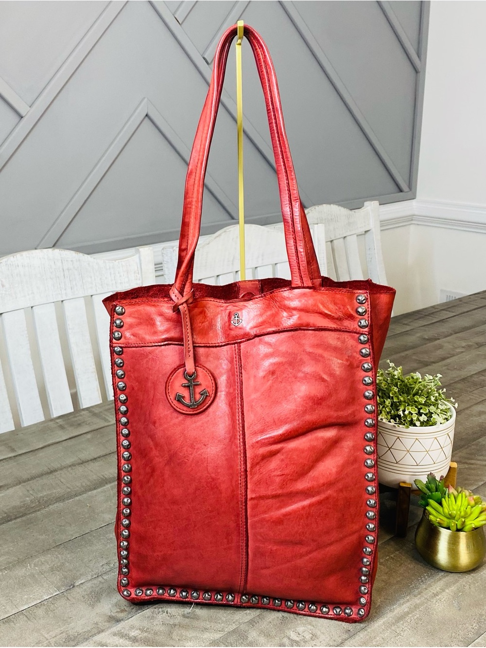 Harbour 2nd Frame Studded Leather Tote Chili Red Anchor Charm Handbag